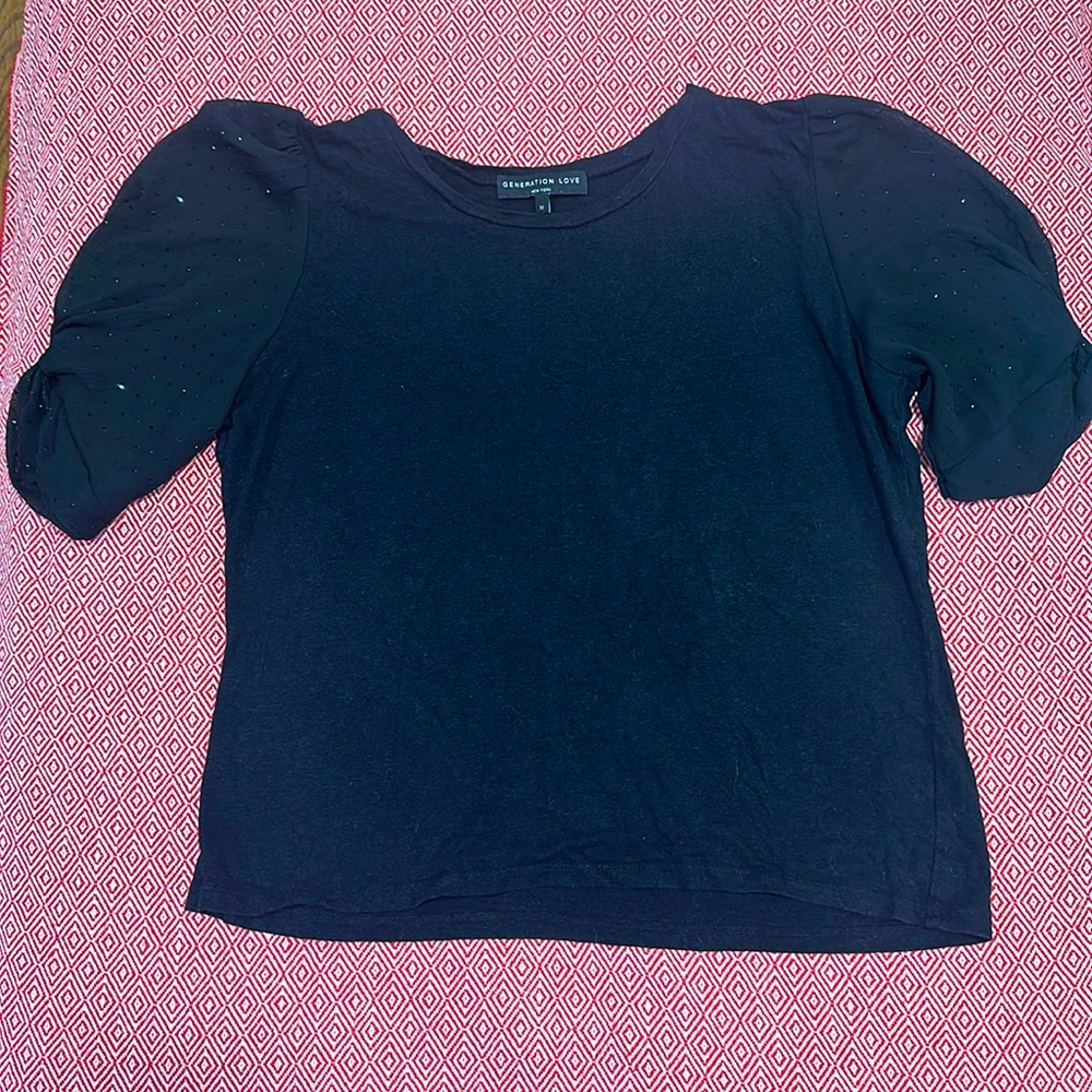 Generation Love black tee with sparkle puff sleeves